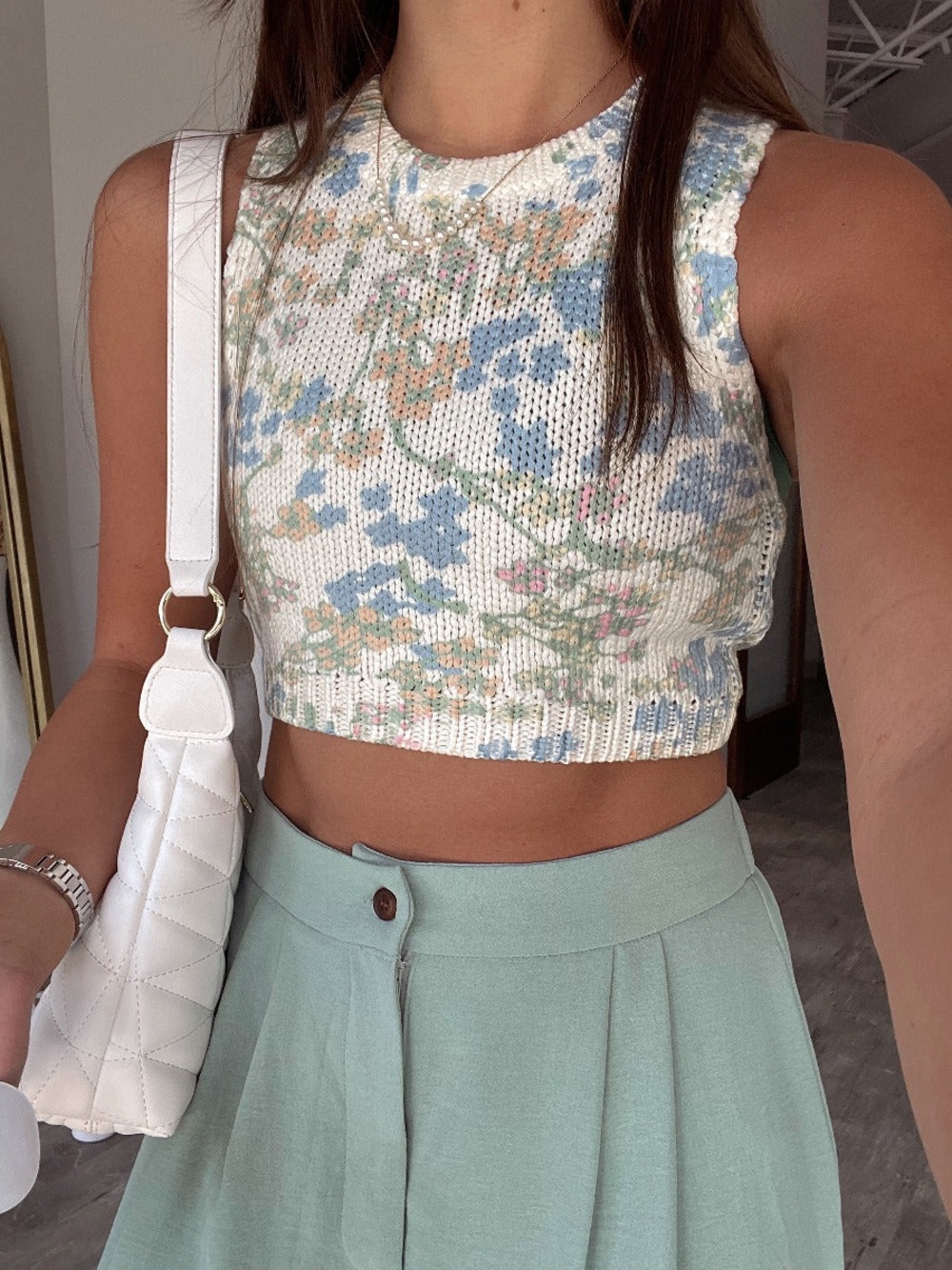 Cream Floral Knit Crop Tank Top